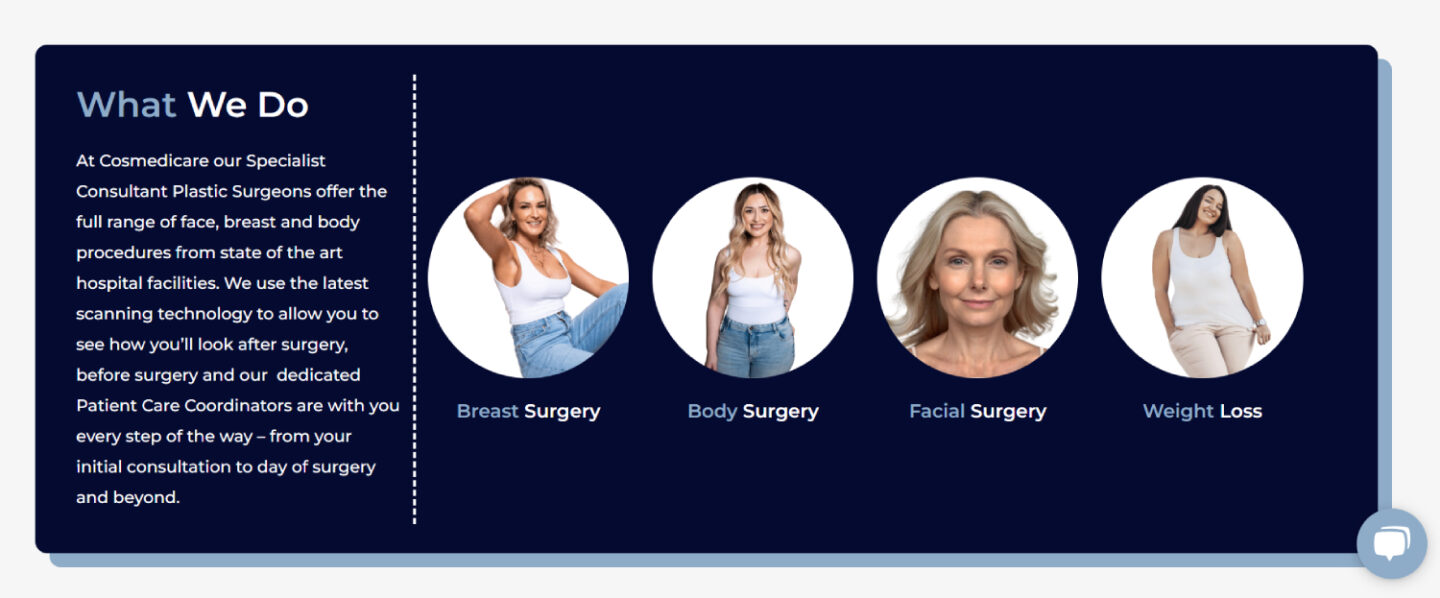 A picture of Cosmedicare treatments on their website.