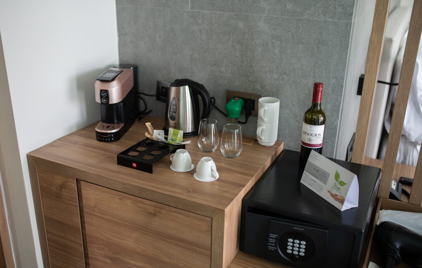 A picture of the coffee area inside one of the rooms at the Lindos Grand resort & spa.