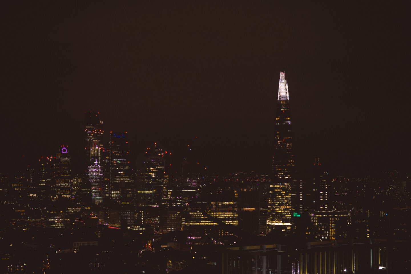 A picture of the night view from the Uncle & Elephant Apartment building.