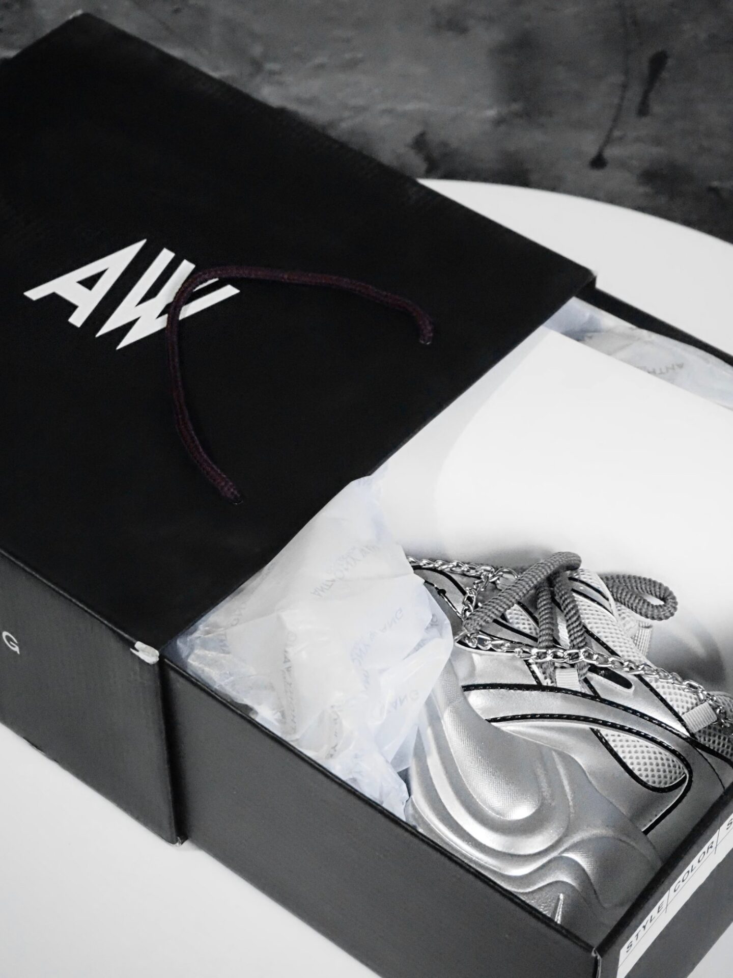 A close up picture of the Jupiter 10 - silver sneakers in the packaging Anthony Wang box.