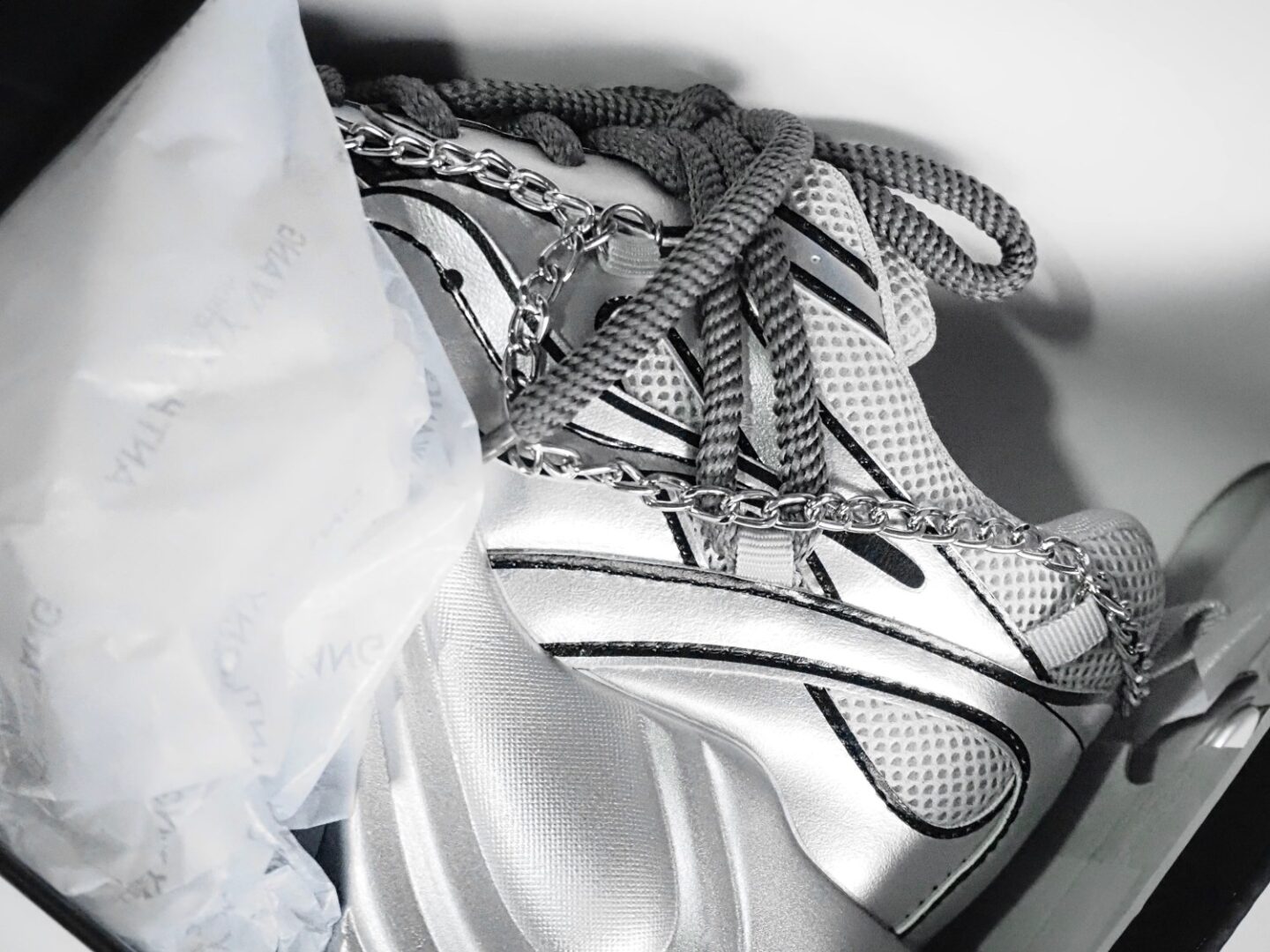 A close up of the Anthony Wang Jupiter 10 - silver sneakers heel inside the box.
