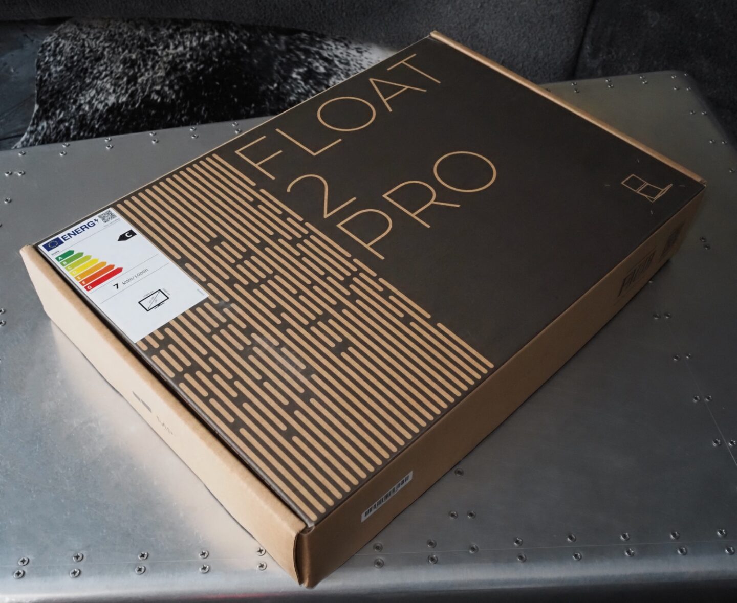 A picture of the Float 2 Pro packaging on Eve Sara McIntosh's table.